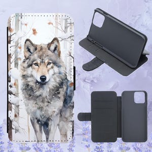 Custodia a libro con motivo acquerello a forma di lupo invernale e foresta innevata per iPhone, Samsung, Huawei, Google Pixel