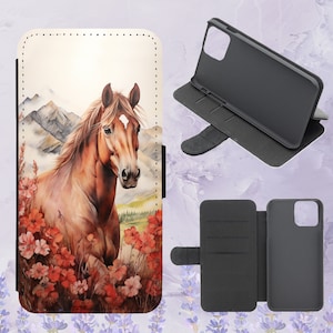 Wild bruin paard met bloemen aquarel telefoonhoesje voor iPhone Samsung Huawei Google Pixel