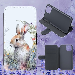 Süßer Hase mit Blumen Aquarell Flip Handyhülle für iPhone Samsung Huawei Google Pixel