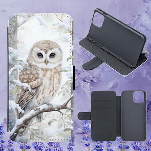 Winter Eule auf Schnee Ast Aquarell Flip Handyhülle für iPhone Samsung Huawei Google Pixel