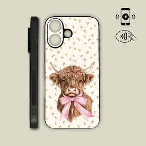 Highland Cow Coquette Farmhouse Style With Ditsy Flowers And Pink Bow Phone Case - MagSafe iPhone / Samsung / Motorola - Wireless Charging