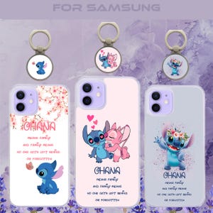 May include: Three phone cases with a pink, white, and light blue background. Each case features a different Stitch character from the Disney movie Lilo & Stitch. The text "GHANA MEANS FAMILY AND FAMILY MEANS NO ONE GETS LEFT BEHIND OR FORGOTTEN" is printed on each case.