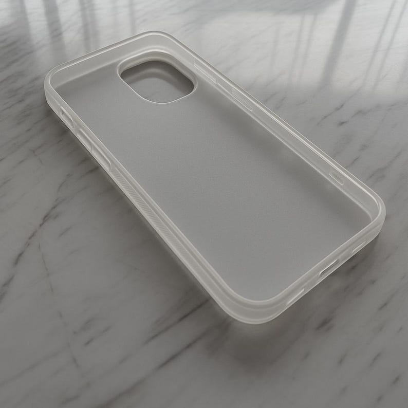May include: A clear, frosted plastic phone case. The case has a rectangular shape with rounded corners and cutouts for the camera and buttons. The case is designed to protect a smartphone.