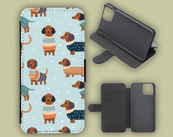 Dachshund Pattern Flip Phone Case: PU Leather Wallet for iPhone, Samsung, Huawei, Pixel