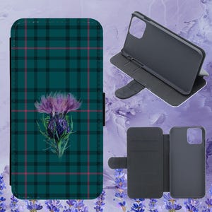 Custodia a libro con motivo scozzese verde con cardo per iPhone, Samsung, Huawei, Google Pixel
