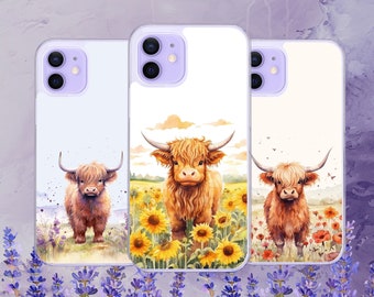Watercolour Highland Cow Flower Field Phone Case for iPhone, Motorola, Google Pixel, Oppo