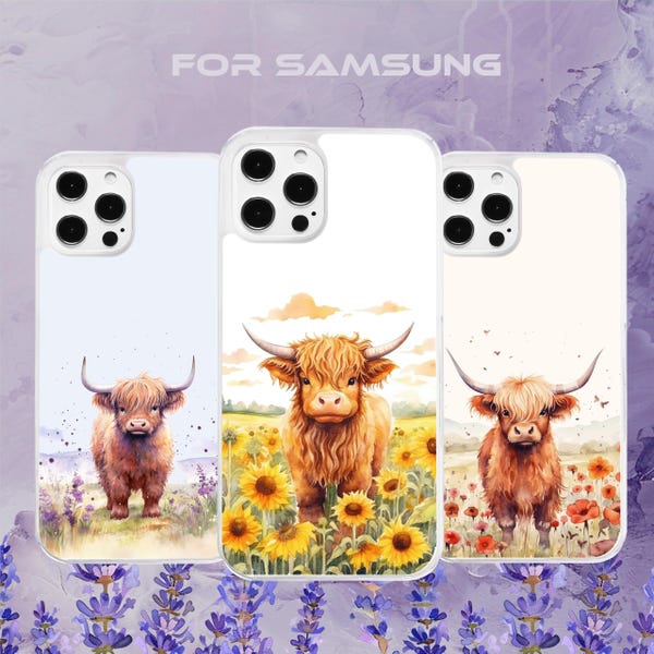 水彩画風ハイランド牛の花畑柄スマホケース（Samsungモデル用）