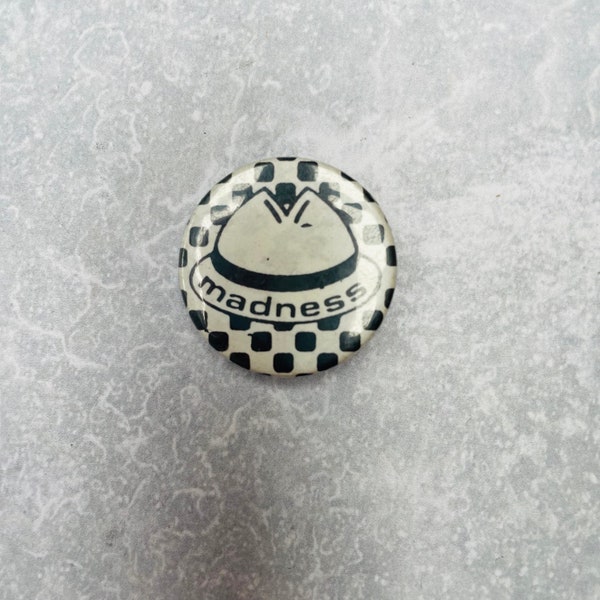 Collectable Madness Badge, Two-Tone Badge, Vintage Pinback button, Music Memorabilia