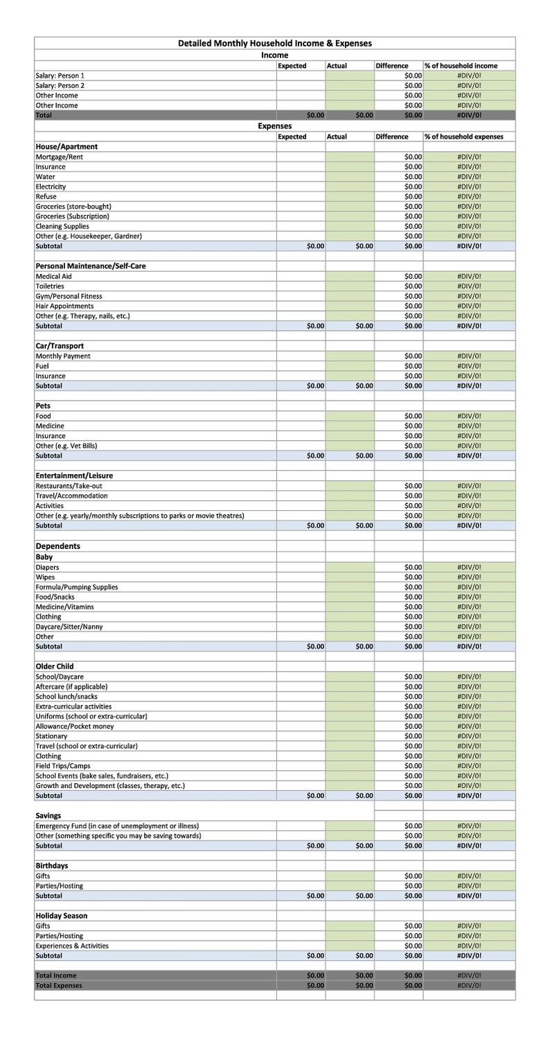 Detailed Expense Worksheet Detailed Monthly Budget Spreadsheet: Customizable Household Finance ...