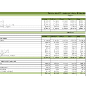 Op de afbeelding: Een gedetailleerd maandelijks huishoudinkomsten- en uitgavenoverzicht met categorieën voor inkomsten, huis/appartement, persoonlijke verzorging/zelfzorg en subtotaal. De spreadsheet bevat kolommen voor januari, februari, maart, april en mei.