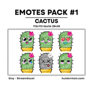 Cute Cactus Emotes With Pink Flower Pack 1 for Streaming 112x112, 56x56, 28x28 - Twitch, Youtube, Discord