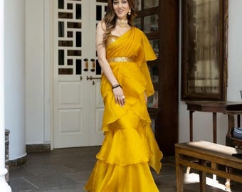 Designer Ruffles Saree Mustard Yellow Sequin Organza Saree with belt, Haldi function saree for women indian wedding saree for reception