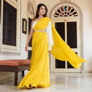 Yellow Georgette Indowestern Saree for Women with Designer Blouse & Embellished Belt for Haldi Wedding Reception Party Wear