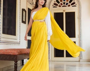 Yellow Georgette Indowestern Saree: Designersaree Blouse indian wedding saree fro women,designer saree for reception party wear saree