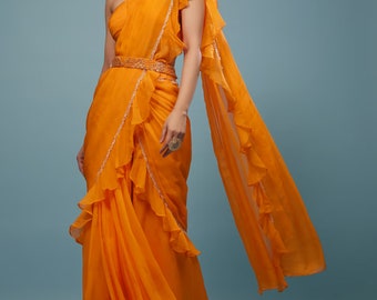 Indian wedding reception party wear in white Indowestern ready-to-wear sari for women with stitched designer blouse and belt