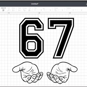 May include: Black and white digital art print featuring the number 67 in a varsity font, with two hands cupped below. The text "EASY TO CUSTOMIZE" and "READY TO USE" are also present.