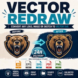 Può includere: Un annuncio grafico per un servizio di vettorializzazione con il testo VECTOR REDRAW e CONVERT ANY LOGO, IMAGE OR SKETCH TO VECTOR SVG. Mostra una testa di orso pixelata prima e una testa di orso vettoriale liscia dopo, con 24H DELIVERY.