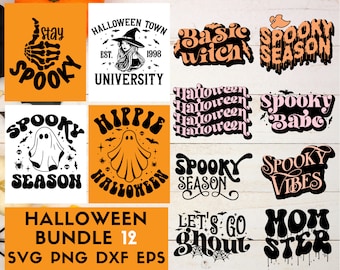 May include: A set of 12 Halloween-themed SVG files, including designs like "Spooky Season", "Basic Witch", "Hippie Halloween", and "Let's Go Ghoul". The designs are in black, white, and pink on a variety of backgrounds.