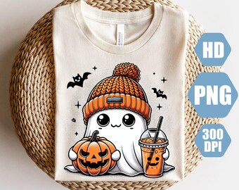 Cute ghost with coffee png, Cute Ghost Png, bougie png, Here for the boos png, bougie ghost png, sticker png, floral ghost png, Trending png