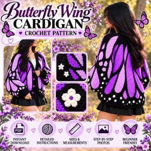 May include: A crochet pattern for a cardigan featuring a butterfly wing design in purple and black. The cardigan has long sleeves, a button-front closure, and small white flower accents. The document includes text: Butterfly Wing CARDIGAN CROCHET PATTERN.