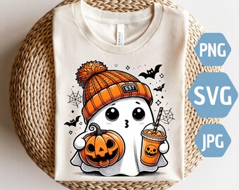 Cute ghost with coffee png, Cute Ghost Png, bougie png, bougie ghost png, here for the boos png, sticker png, floral ghost png, Trending png
