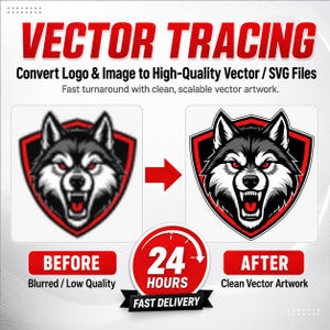 Peut inclure: Un affichage graphique présentant des services de vectorisation avec le texte VECTOR TRACING, Convert Logo & Image to High-Quality Vector / SVG Files. Il montre un logo de loup flou étiqueté BEFORE et un logo de loup vectoriel net étiqueté AFTER.
