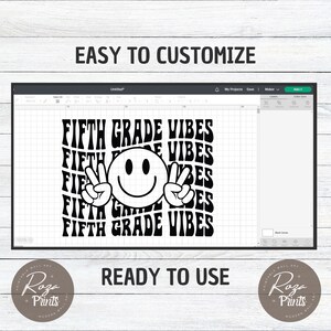 May include: Black and white graphic design featuring a smiley face with peace signs and the text "FIFTH GRADE VIBES" repeated in a retro style.