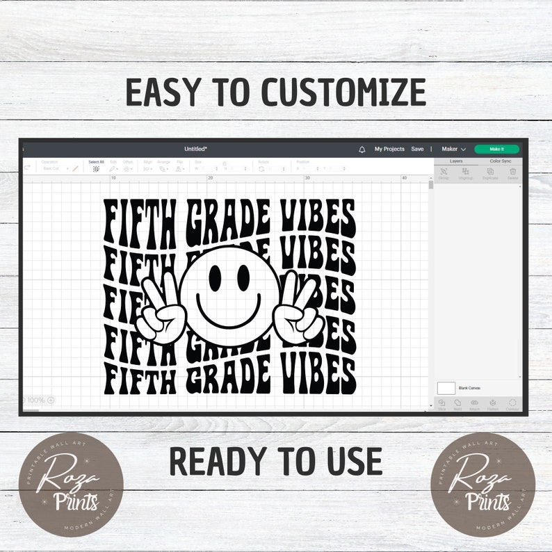 May include: Black and white graphic design featuring a smiley face with peace signs and the text "FIFTH GRADE VIBES" repeated in a retro style.