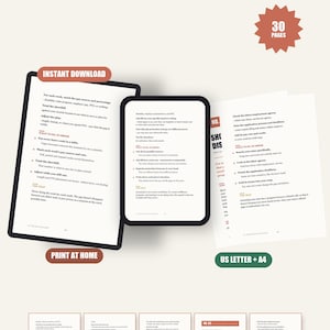 May include: A digital maternity leave planning guide featuring 30 pages of text, including sections on short-term disability and leave stacking. The document is displayed on tablet screens and as printable sheets, with labels for instant download and US Letter plus A4 sizing.