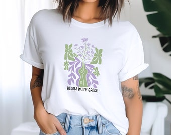 Bloom With Grace Floral T-Shirt, Jesus Shirt, Aesthetic Christian Apparel, Religious Gift For Her, Small Group Tee, Believer Crewneck