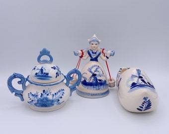 Delft Blue Windmill Pottery Set of Milkmaid, Shoe and Sugar Bowl- Dutch Heritage