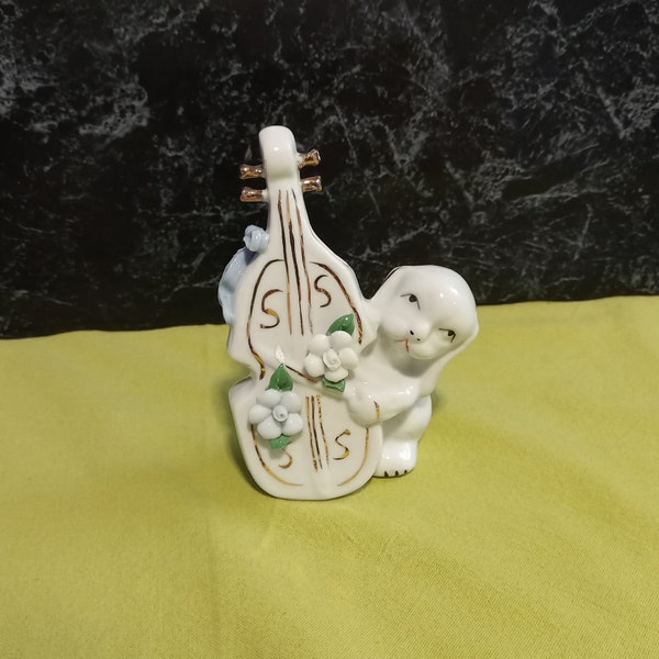 Little dog with a cello instrument, vintage ceramic ornament, 1980s, gift idea