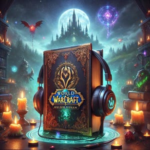 May include: A large, dark blue book with gold accents and the words "World of Warcraft" on the cover. The book is open and a pair of black headphones are resting on top of it. The background is a dark forest with a castle in the distance.