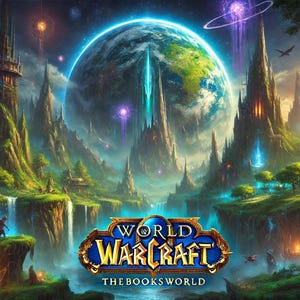 May include: A fantasy landscape with a large, blue and green planet in the background. The planet is surrounded by a ring of light and there are several towers and buildings in the foreground. The text "WORLD OF WARCRAFT THE BOOKS WORLD" is displayed at the bottom of the image.
