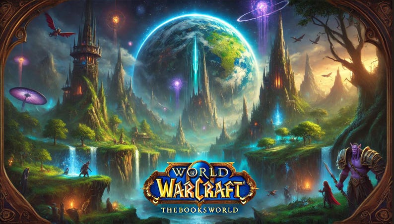 May include: A fantasy landscape with a large, blue and green planet in the background. The planet is surrounded by a ring of light and there are several towers and buildings in the foreground. The text "WORLD OF WARCRAFT THE BOOKS WORLD" is displayed at the bottom of the image.