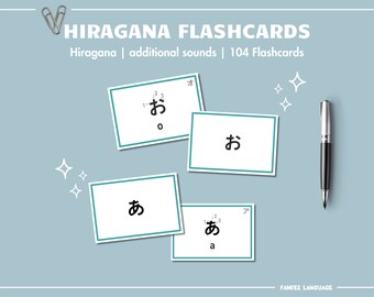 May include: Four flashcards with teal borders showing the Japanese Hiragana characters for 'a', 'o', and 'o' with the romanization of the sounds. The text 'HIRAGANA FLASHCARDS' is at the top of the image. The text 'Hiragana | additional sounds | 104 Flashcards' is below the title. The text 'FANDEE LANGUAGE' is at the bottom of the image.