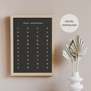 Thai Alphabet Poster Digital Download | Study Thai Language Instant Download Dark Gray and White Posters