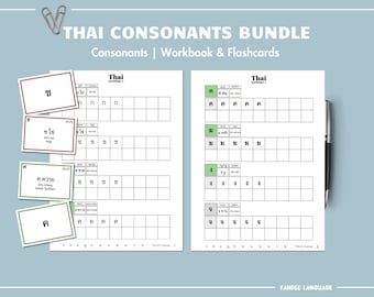 May include: A set of Thai consonant flashcards and a workbook. The flashcards are green and white with Thai characters and English translations. The workbook is black and white with a grid for writing practice.