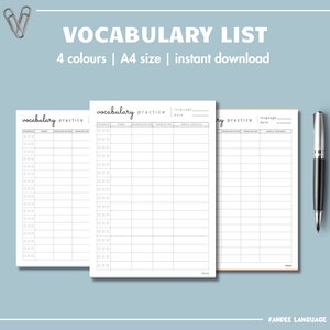 Vocabulary Worksheet Table in 4 colors | Optimized for Languages with Romanization | Chinese, Japanese, Thai | DIGITAL DOWNLOAD