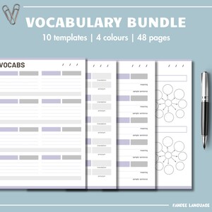 May include: A printable vocabulary bundle with 10 templates and 4 colours. The bundle includes pages with lines for writing words, translations, and sample sentences, as well as pages with circle diagrams for mapping vocabulary.