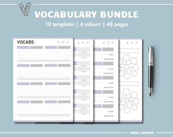 May include: A printable vocabulary bundle with 10 templates and 4 colors. The bundle includes pages with lines for writing words, translations, and sample sentences, as well as pages with circle diagrams for mapping vocabulary.