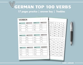 German Verb Conjugation Worksheet Templates | Verb Study And Practice Pack German Top 100 Verbs Bundle | Answers included | DIGITAL DOWNLOAD