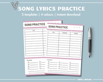 May include: Two printable song practice worksheets with pink borders. The left worksheet has a section for lyrics and new words. The right worksheet has sections for lyrics, romanization, translation, and new words.