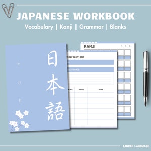 May include: A blue Japanese language workbook with the title "JAPANESE WORKBOOK" and the words "Vocabulary | Kanji | Grammar | Blanks". The cover features the Japanese characters for "Japanese" in white on a blue background with a white flower design.
