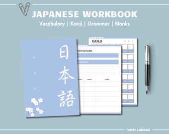 May include: A blue Japanese language workbook with the title "JAPANESE WORKBOOK" and the words "Vocabulary | Kanji | Grammar | Blanks". The cover features the Japanese characters for "Japanese" in white on a blue background with a white flower design.