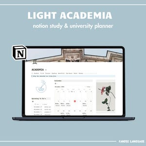 Könnte beinhalten: Ein Laptop-Bildschirm zeigt eine Notion-Seite mit dem Titel "ACADEMIA" mit einem Kalender, einem Kreisdiagramm und einer Liste mit "Kommenden Aufgaben". Die Seite ist ein Studien- und Universitätsplaner. Der Laptop befindet sich auf einem hellblauen Hintergrund mit dem Text "LIGHT ACADEMIA" und "notion study & university planner" darüber.