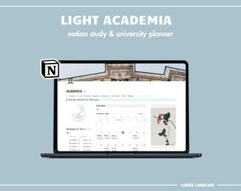 May include: A laptop screen displaying a Notion page titled "ACADEMIA" with a calendar, a pie chart, and a list of "Upcoming To Do's". The page is a study and university planner. The laptop is on a light blue background with the text "LIGHT ACADEMIA" and "notion study & university planner" above it.