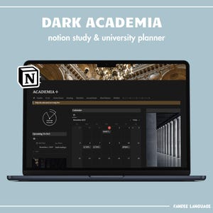 May include: A laptop computer displaying a dark academia themed Notion study planner with a calendar, a to-do list, and a background image of a grand hall with columns. The Notion logo is visible in the top left corner.