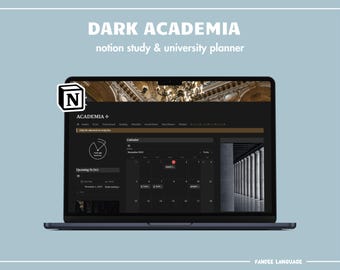 May include: A laptop computer displaying a dark academia themed Notion study planner with a calendar, a to-do list, and a background image of a grand hall with columns. The Notion logo is visible in the top left corner.