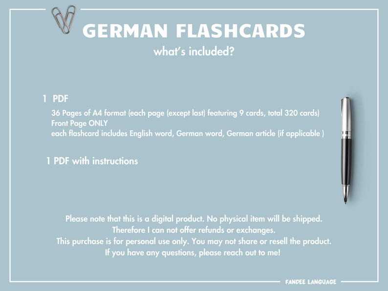 K&ouml;nnte beinhalten: Ein blauer und wei&szlig;er digitaler Download f&uuml;r deutsche Lernkarten. Der Text lautet "GERMAN FLASHCARDS" und "what's included?"  Die Beschreibung lautet "1 PDF 36 Seiten im A4-Format (jede Seite (au&szlig;er die letzte) mit 9 Karten, insgesamt 320 Karten) Vorderseite NUR jede Karte enth&auml;lt das englische Wort, das deutsche Wort, den deutschen Artikel (falls zutreffend) 1 PDF mit Anweisungen".